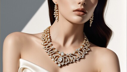 A woman wears a gold necklace and earrings against a white background, with a subtle shadow on her shoulder.