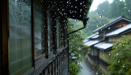 Obraz premium Rain Droplets on Window, View of Japanese Houses