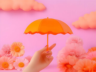 3D Illustration Orange Umbrella Flowers