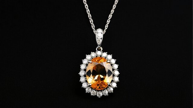 A silver necklace with a pendant featuring a large oval-shaped orange gemstone surrounded by smaller diamonds.