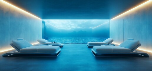 Underwater view spa room with chaise lounges.
