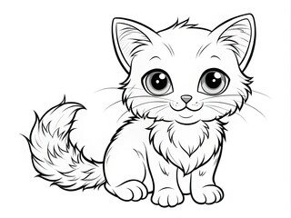 Kawaii Kitten Coloring Page: Cute Black & White Cat Illustration for Kids