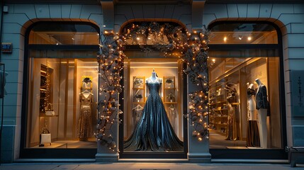 Obraz premium Elegant evening gown displayed in a luxury boutique window at night.