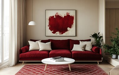 Red velvet sofa in minimalist living room with abstract art.