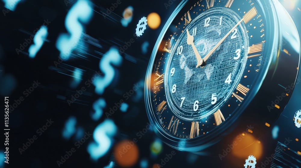 Poster a clock ticking down with currency symbols fading in the background.