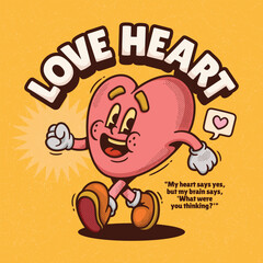 Love Heart Trendy Retro Cartoon Vector Hand Drawn