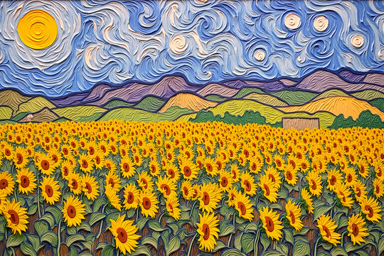 Sunflower Field with Mountains and Vibrant Sky