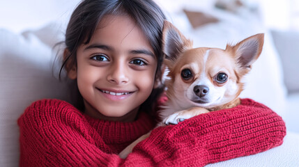 Indian girl playing with chihuahua dog pet in living room, wearing knitted sweater