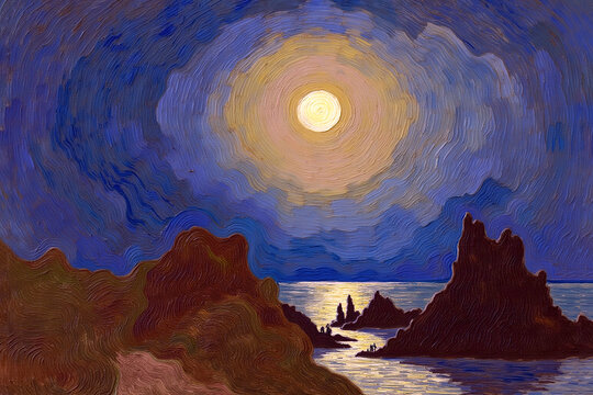 Serene Coastal Moonlit Night Scenery with Abstract Artistic Elem