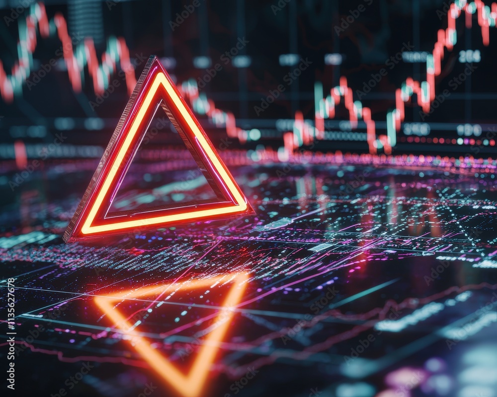 Poster a glowing warning triangle over a computer screen with financial charts.