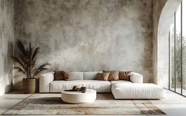 Modern minimalist living room with white sectional sofa, textured wall, and large window.