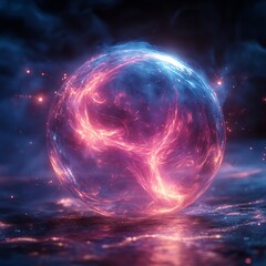Obraz premium Glowing plasma sphere emitting pink blue light swirling in dark space quantum physics and static electricity