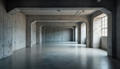 Empty industrial basement parking garage. Concrete walls, floor create modern minimalist style. Interior space spacious, bright with natural light from large windows. No vehicles people visible.