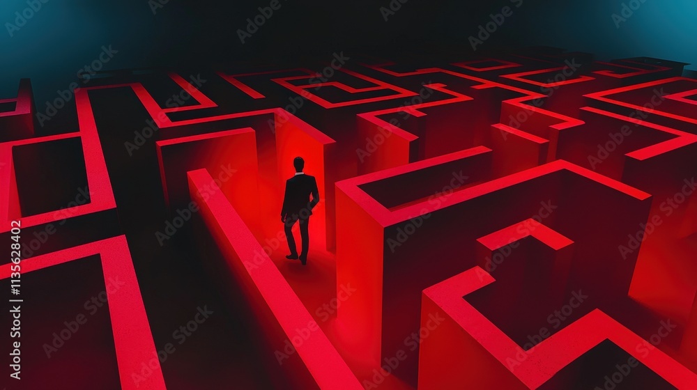 Poster a symbolic maze with a businessman searching for a glowing exit.