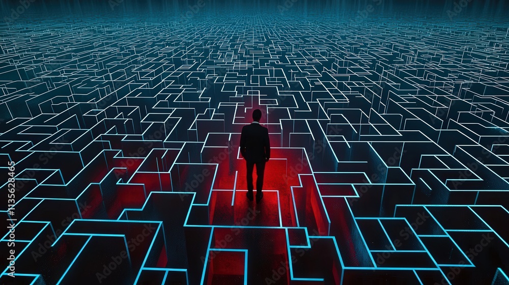 Poster a symbolic maze with a businessman searching for a glowing exit.