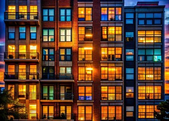 Nighttime Silhouette of Apartment Building Windows on Madison Street â€“ Urban Architecture, City Lights, Night Photography, Modern Living Spaces