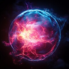 Glowing plasma sphere emitting pink blue light swirling in dark space quantum physics and static electricity