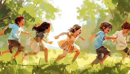 Fototapeta premium Five Children Playing in a Sunny Meadow