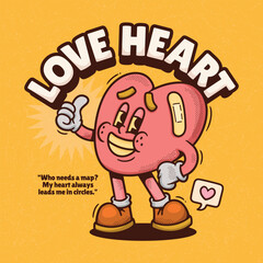 Love Heart Trendy Retro Cartoon Vector Hand Drawn