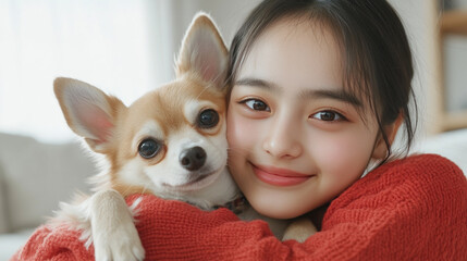 Malay girl playing with chihuahua dog pet in living room, wearing knitted sweater
