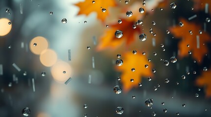 Extreme macro close-up digital image algorithm processing data in a wet rainy scene, emphasizing water droplets. Modern flat design, warm autumn colors, simple two-dimensional shapes, earthy and cozy 