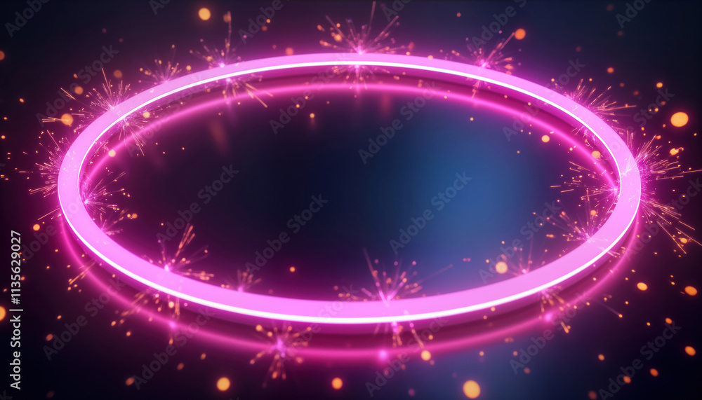 Poster abstract futuristic neon purple light ring. dynamic energy effects, sparks surround empty center. ci