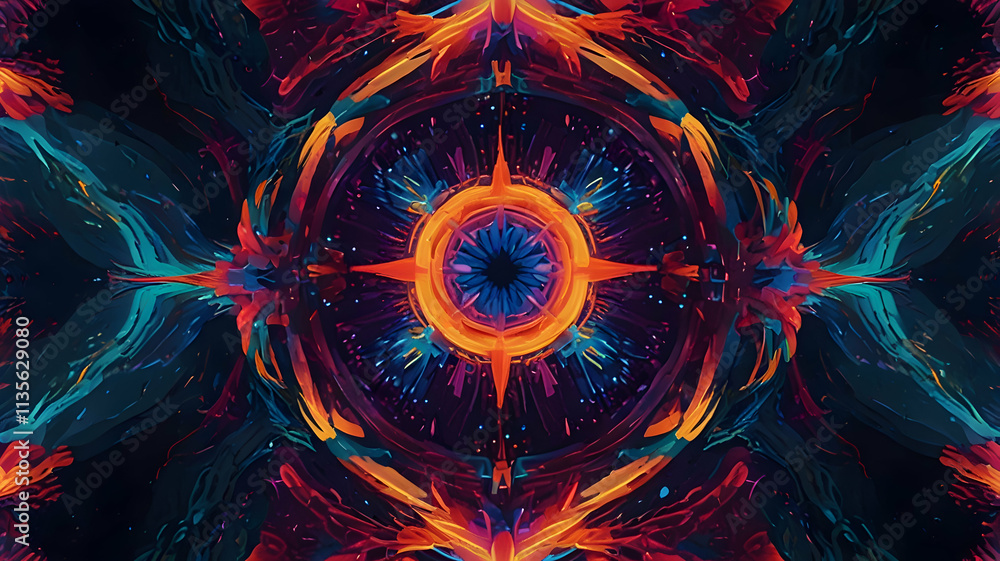 Poster abstract kaleidoscopic digital art: vibrant hues and intricate patterns in a symmetrical design