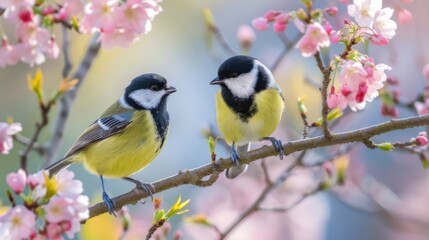 Obraz premium A pair of tits sit side by side on blooming branches, their cheerful chirps echoing the joy of a fresh spring day.
