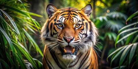 Obraz premium Panoramic Tiger Growl Photo: Majestic Bengal Tiger Close-Up, Wildlife Photography, Nature Image, Big Cat Portrait