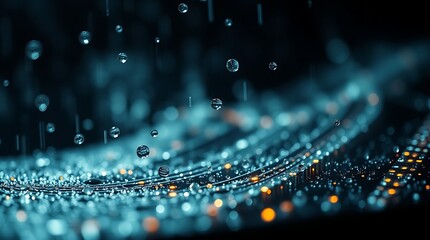 Extreme macro close-up of algorithm data processing in a wet, rainy scene. Contrasting chiaroscuro lighting, ethereal spiritual vibe, emphasizing water droplets and textures, light aura, mystical feel