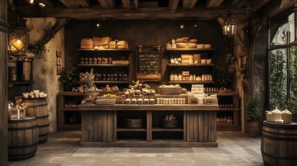 A rustic wooden pedestal display stand with hidden shelves, presenting artisanal products in a cozy market setting with warm lighting and earthy tones, charming and functional. --ar 16:9