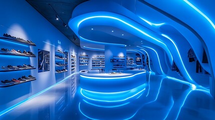 A sleek and interactive smart display stand featuring proximity sensors, exhibiting a limited-edition product in a contemporary store with curved architecture and glowing blue accents,