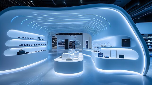 A sleek and interactive smart display stand featuring proximity sensors, exhibiting a limited-edition product in a contemporary store with curved architecture and glowing blue accents,