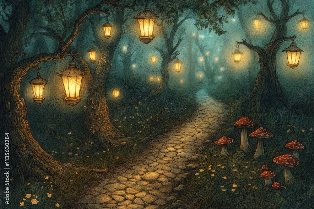 Aufkleber a mystical forest path illuminated by lanterns, surrounded by trees and mushrooms.