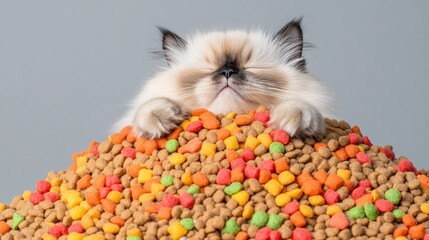 A fluffy cat resting atop a colorful pile of pet food, exuding a sense of contentment.