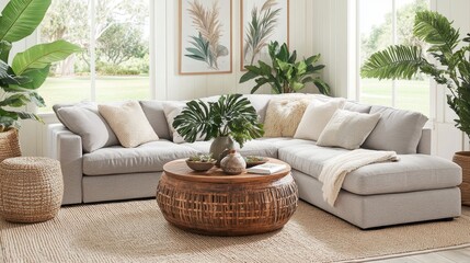 Fototapeta premium Serene Coastal Living Room Interior Design with Grey Sectional Sofa and Woven Coffee Table