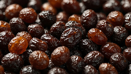 Obraz premium Dark brown dried dates, piled and falling, on a dark surface.