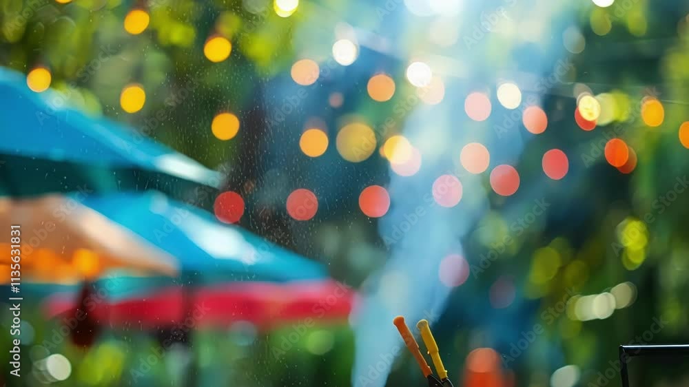 Poster dreamlike image of a summertime barbecue event with colorful umbrellas and grill smoke creating a wh