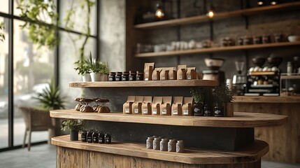 A unique rustic wooden display stand with asymmetrical shelves, holding artisanal coffee products in a quaint café setting with warm lighting and industrial accents, creative and welcoming. --ar 16:9