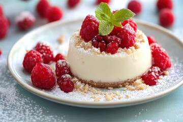 Cheesecake Dessert Topped with Fresh Raspberries