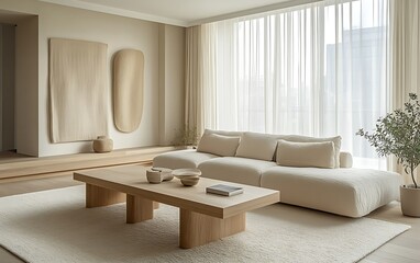 Minimalist living room with beige sofa, wooden coffee table, and wall art.
