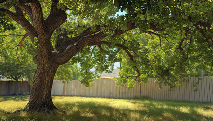 Mature Tree, Wooden Fence, and Grassy Yard