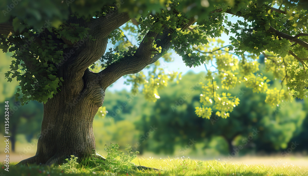 Poster digital rendering of a large tree in a sunny field