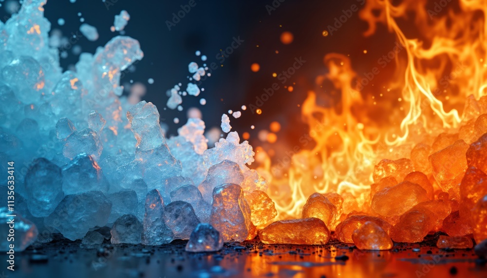 Poster ice, fire meet in abstract illustration. sparkling ice crystals, blazing fire rocks clash in dynamic