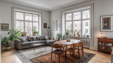 Fototapeta premium Stylish Scandinavian Living Room Interior Design with Large Windows and Abundant Natural Light