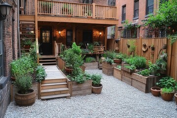 Fototapeta premium Charming Urban Garden with Wooden Planters and Pathway