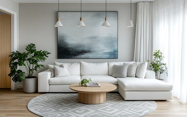 Modern minimalist living room with white sectional sofa, large abstract artwork, and potted plants.