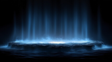 Blue Ethereal Light Beams Rising from a Circular Surface in a Dark Atmosphere