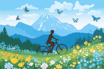 Fototapeta premium A serene landscape featuring a cyclist amidst flowers and mountains, evoking tranquility.