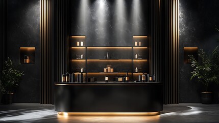 A collapsible portable display stand with a minimalist black finish, displaying luxury perfumes in an elegant boutique with soft spotlighting and a contemporary aesthetic, stylish and efficient.